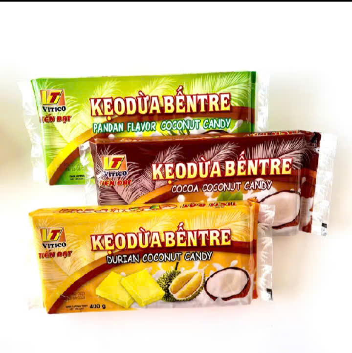 kẹo dừa Tiến Đạt 400 gr vị lá dứa, ca cao, sầu riêng